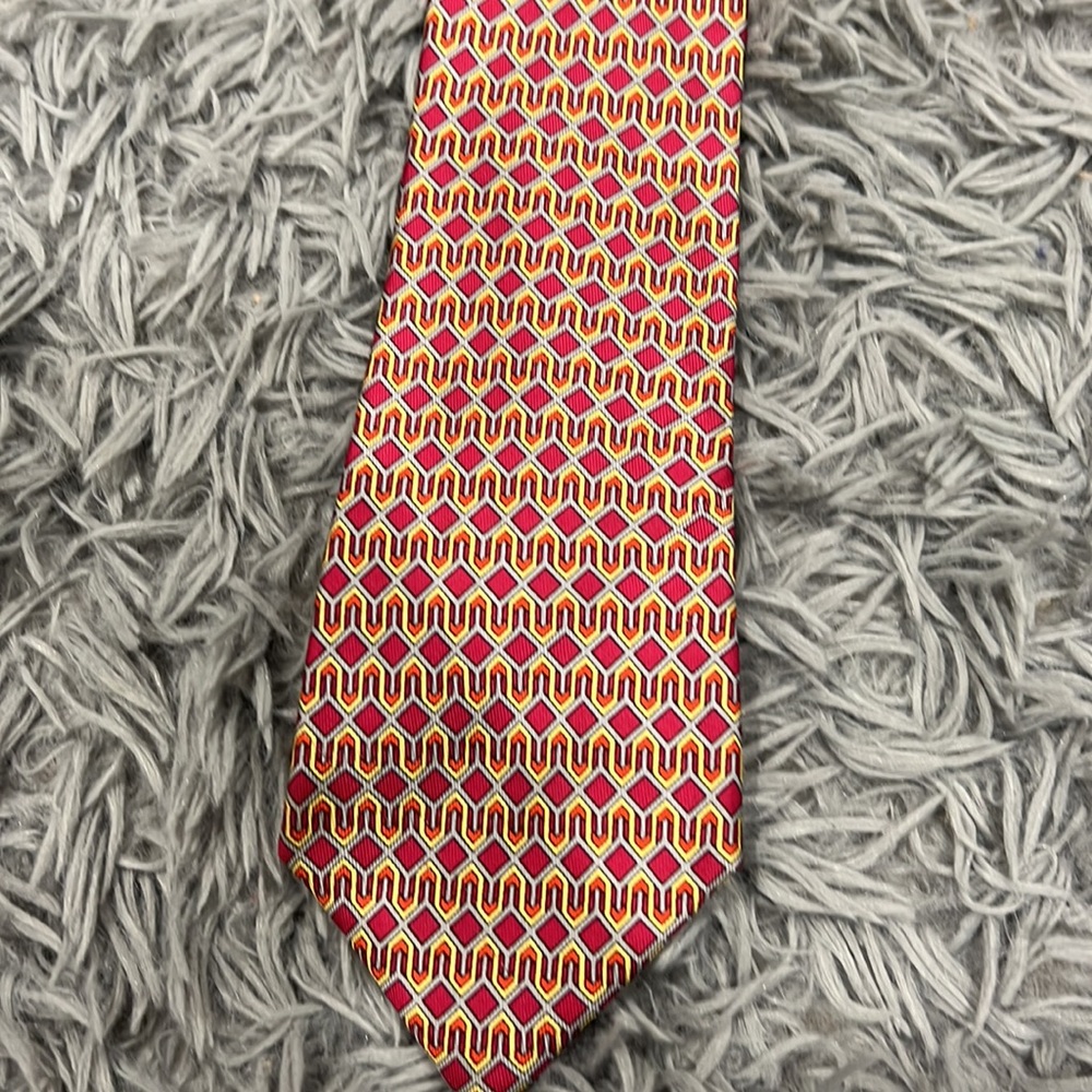 • Hermes • Mens Authentic Silk Printed Tie Pink Orange Yellow Gray - Picture 2 of 3